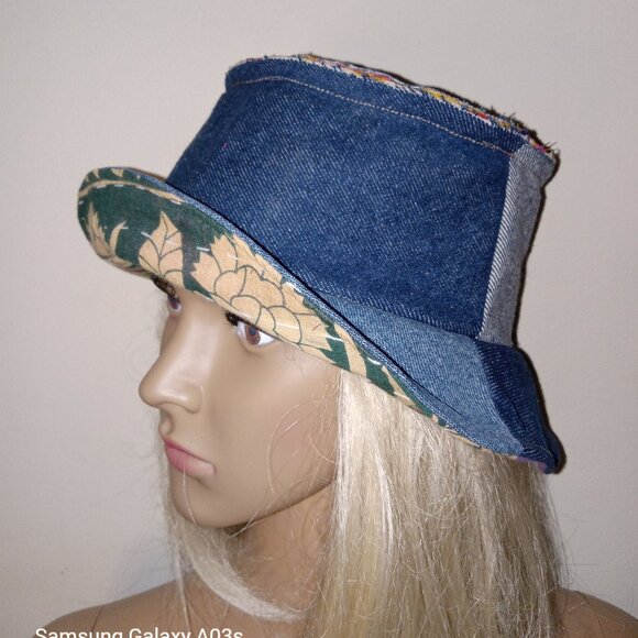 Kantha & Denim Bucket Hat Reversible Dk. Green Purple Red Patchwork BHAT10. - Picture 5 of 7